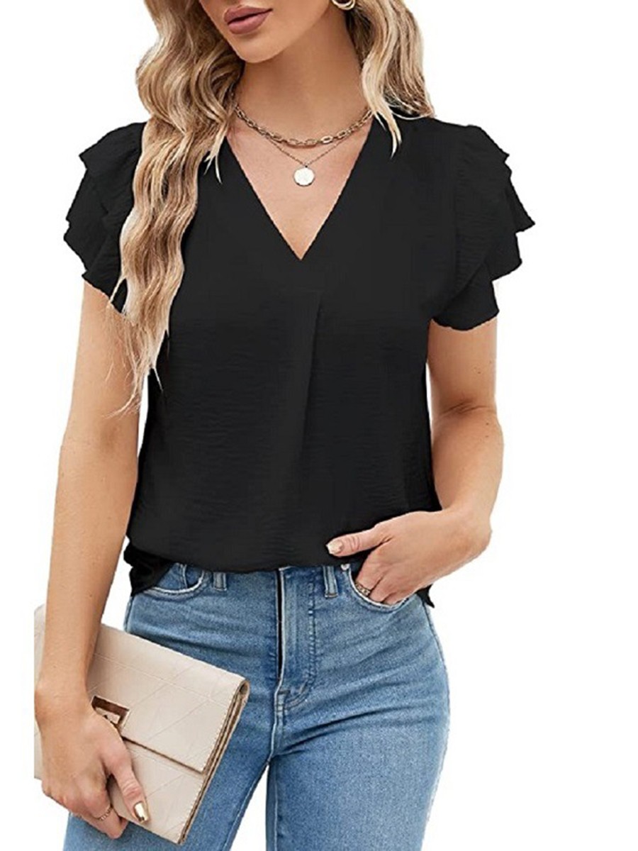 Women Casual V Neck Chiffon Blouse with Flutter Sleeves Perfect for Vacation - Picture 66 of 84