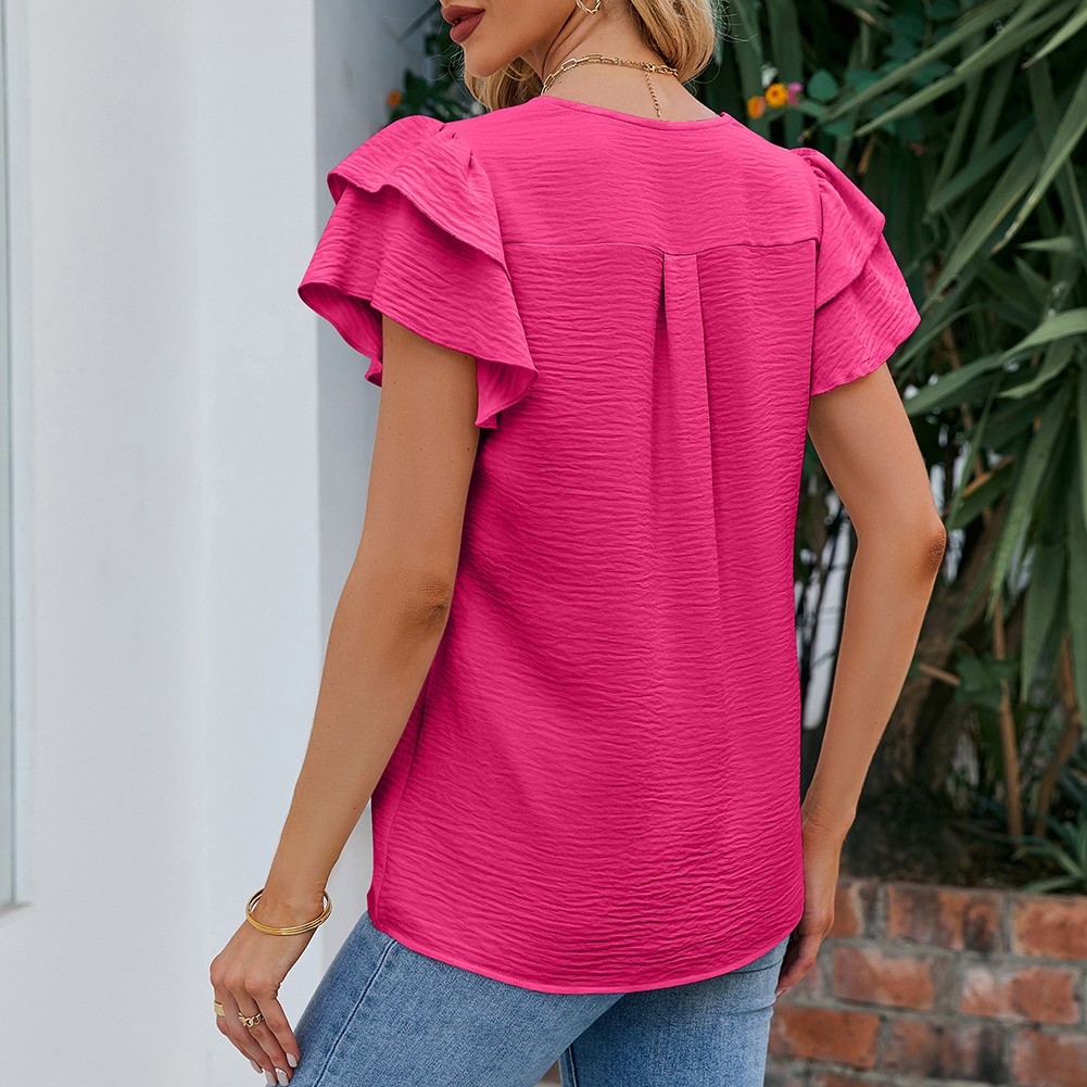 Lightweight Women's Chiffon Top with V Neck and Flutter Sleeves for Vacation - Picture 24 of 72
