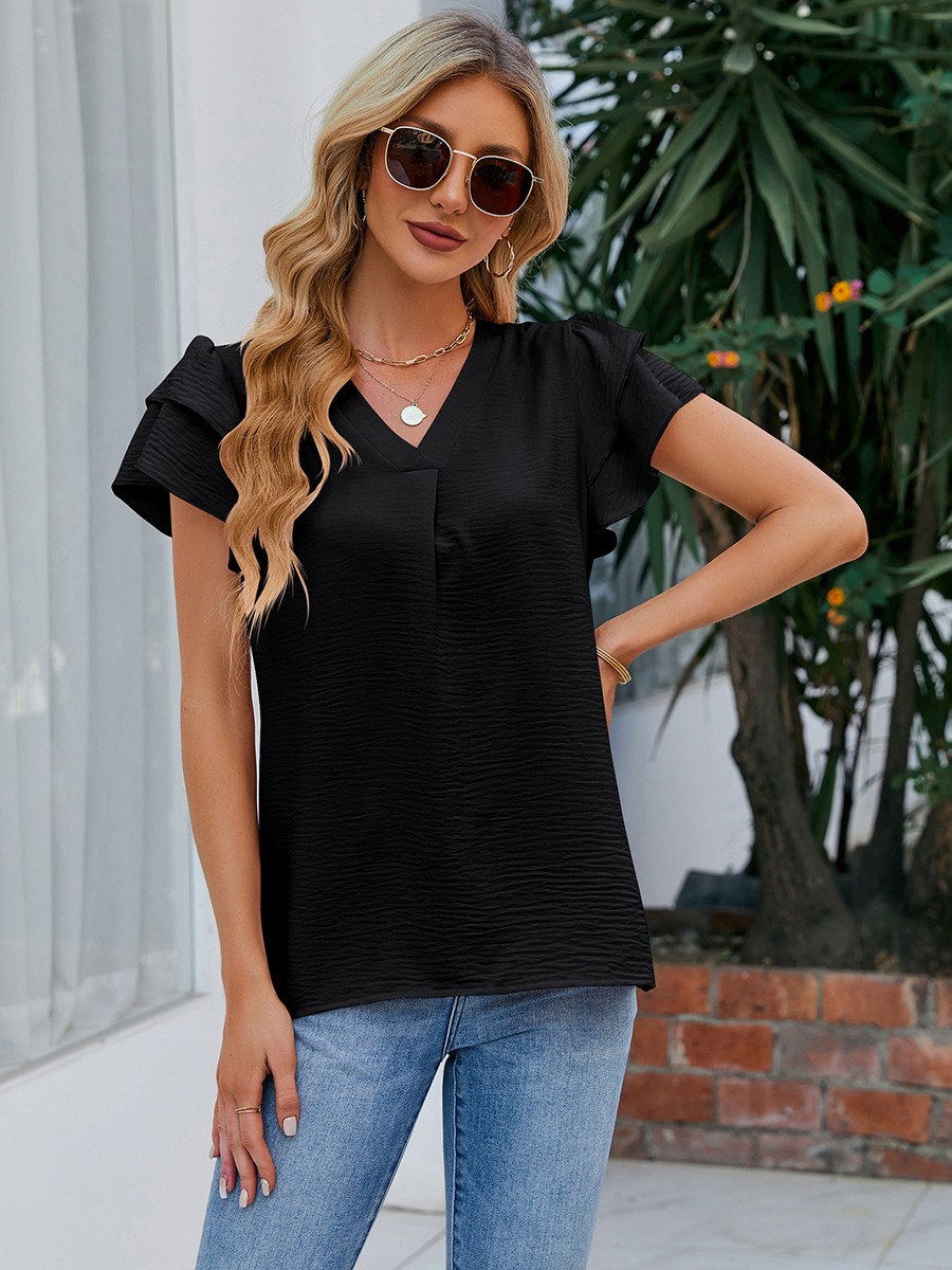 Womens Chiffon V Neck Blouse Flutter Sleeve Top for Casual Summer Wear - Picture 65 of 84