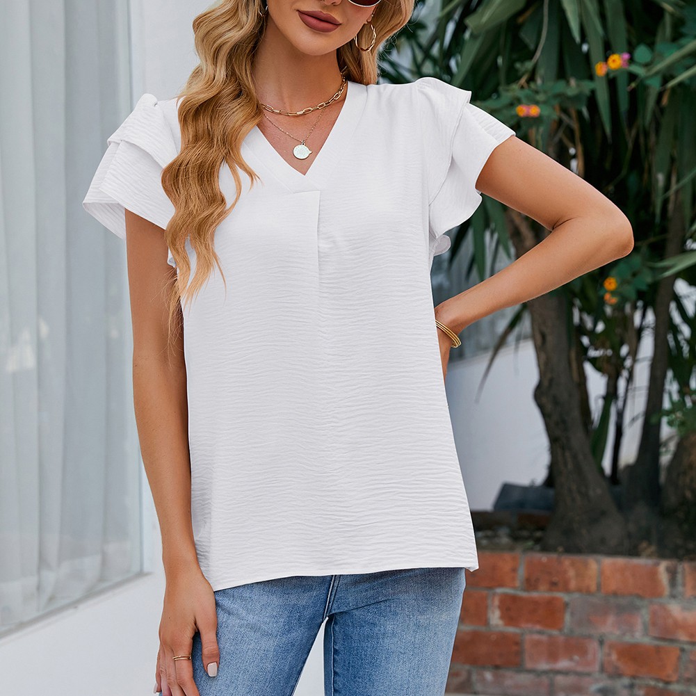 Women Casual V Neck Chiffon Blouse with Flutter Sleeves Perfect for Vacation - Picture 59 of 84