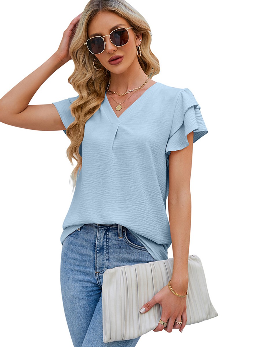 Women Casual V Neck Chiffon Blouse with Flutter Sleeves Perfect for Vacation - Picture 26 of 84