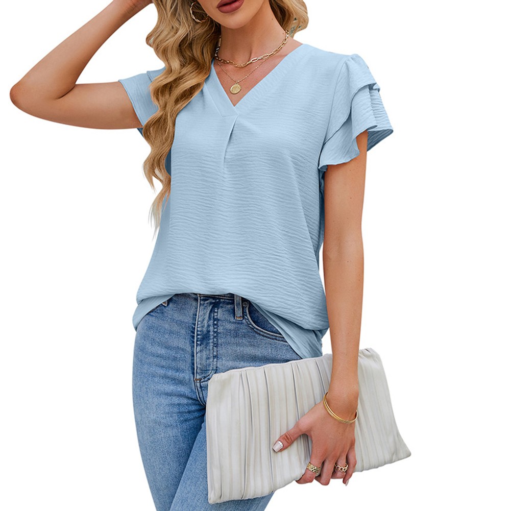 Women Casual V Neck Chiffon Blouse with Flutter Sleeves Perfect for Vacation - Picture 25 of 84