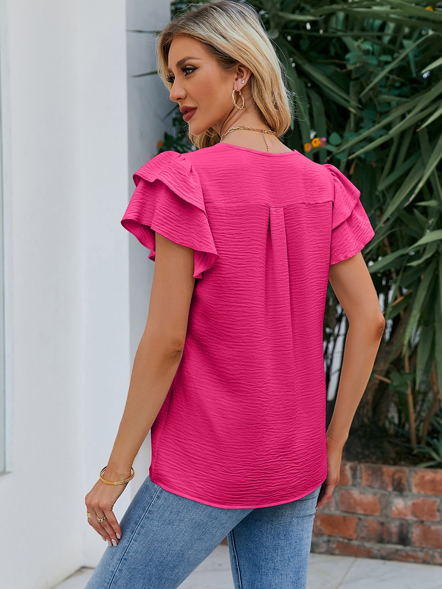 Lightweight Women's Chiffon Top with V Neck and Flutter Sleeves for Vacation - Picture 18 of 72