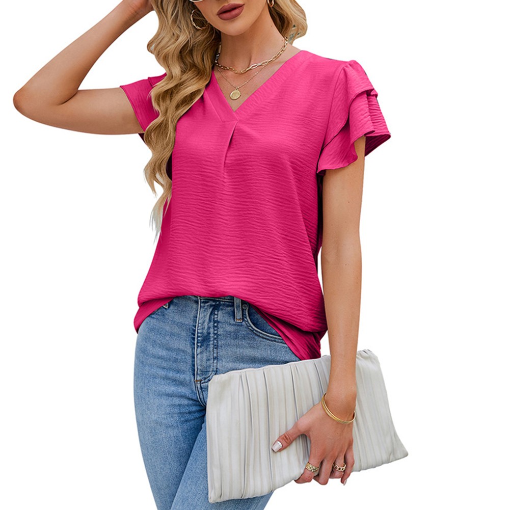 Lightweight Women's Chiffon Top with V Neck and Flutter Sleeves for Vacation - Picture 13 of 72