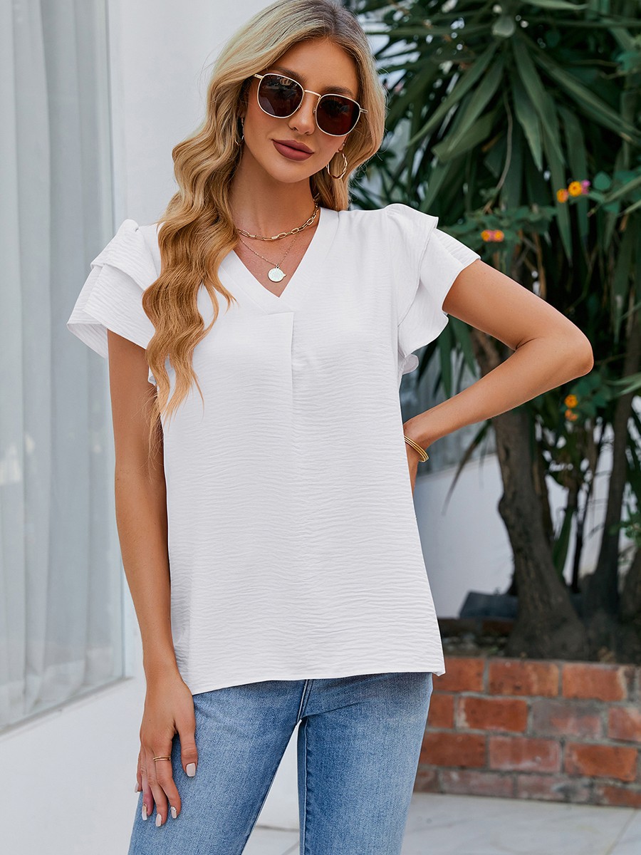 Women Casual V Neck Chiffon Blouse with Flutter Sleeves Perfect for Vacation - Picture 50 of 84