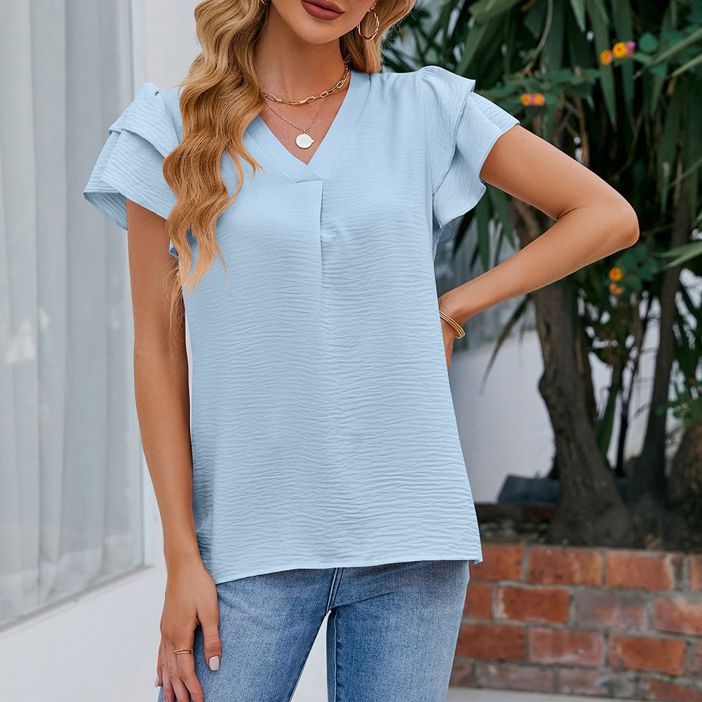 Women Casual V Neck Chiffon Blouse with Flutter Sleeves Perfect for Vacation - Picture 35 of 84