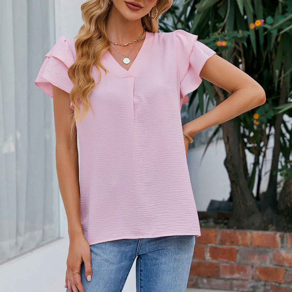 Women Casual V Neck Chiffon Blouse with Flutter Sleeves Perfect for Vacation - Picture 47 of 84