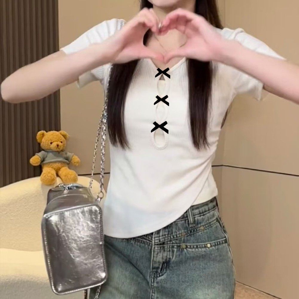 Classic Women Summer Bow V Neck T Shirt with Short Sleeves for Effortless Style - Picture 14 of 22
