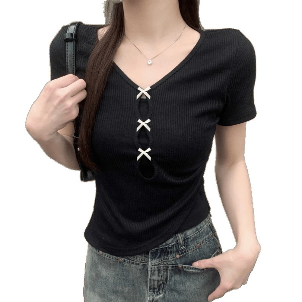 Must Have Women Summer V Neck T Shirt with Bow Design for Casual Style - Picture 10 of 12