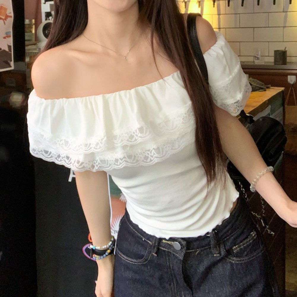 T-shirt à épaules dénudées en dentelle pour femme haut d'été décontracté - Picture 21 of 56
