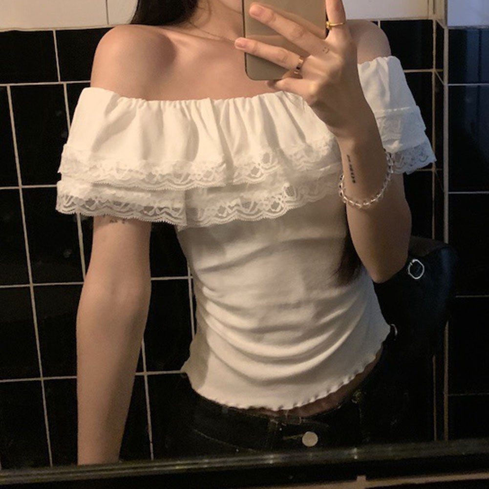 T-shirt à épaules dénudées en dentelle pour femme haut d'été décontracté - Picture 16 of 56