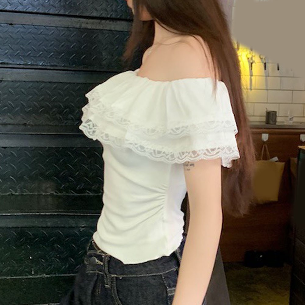 T-shirt à épaules dénudées en dentelle pour femme haut d'été décontracté - Picture 22 of 56