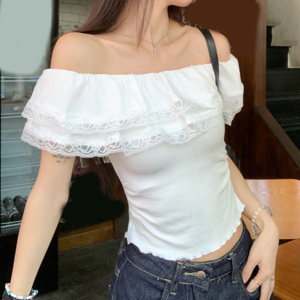 T-shirt à épaules dénudées en dentelle pour femme haut d'été décontracté - Picture 17 of 56