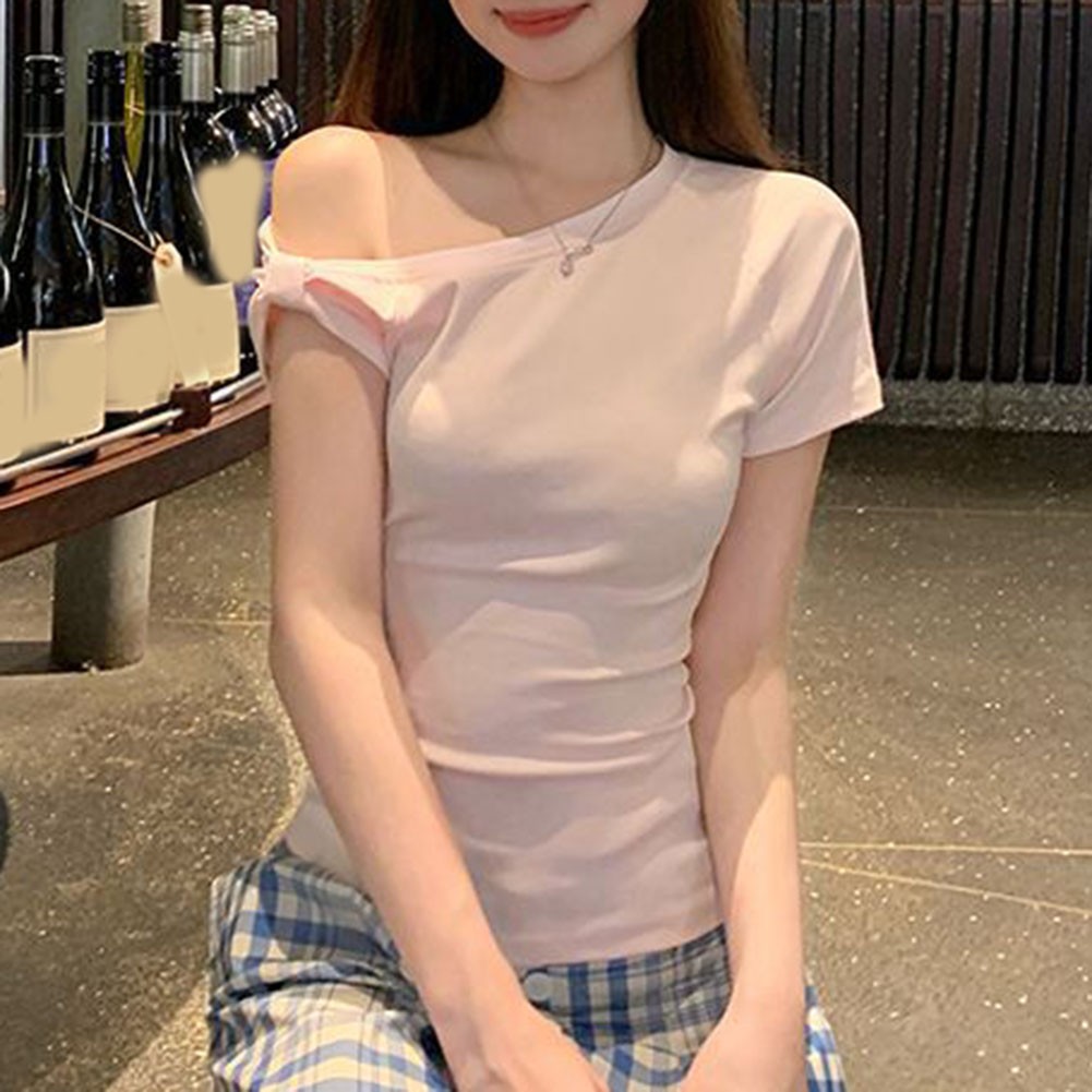 Women Summer Short Sleeve Off Shoulder TShirts with Bow for Casual Wear - Picture 21 of 30