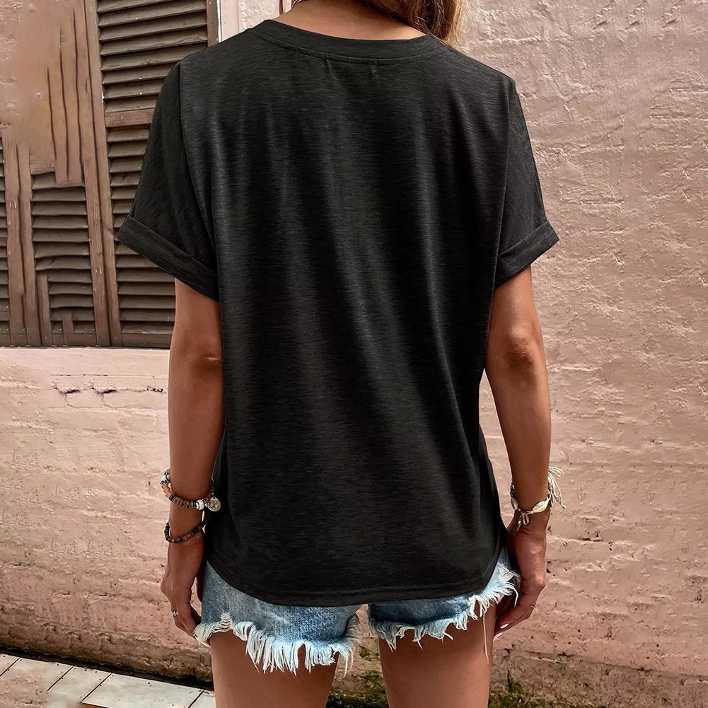 Summer Women's Loose Fit V Neck TShirt with Button Detail and Short Sleeves - Picture 30 of 91