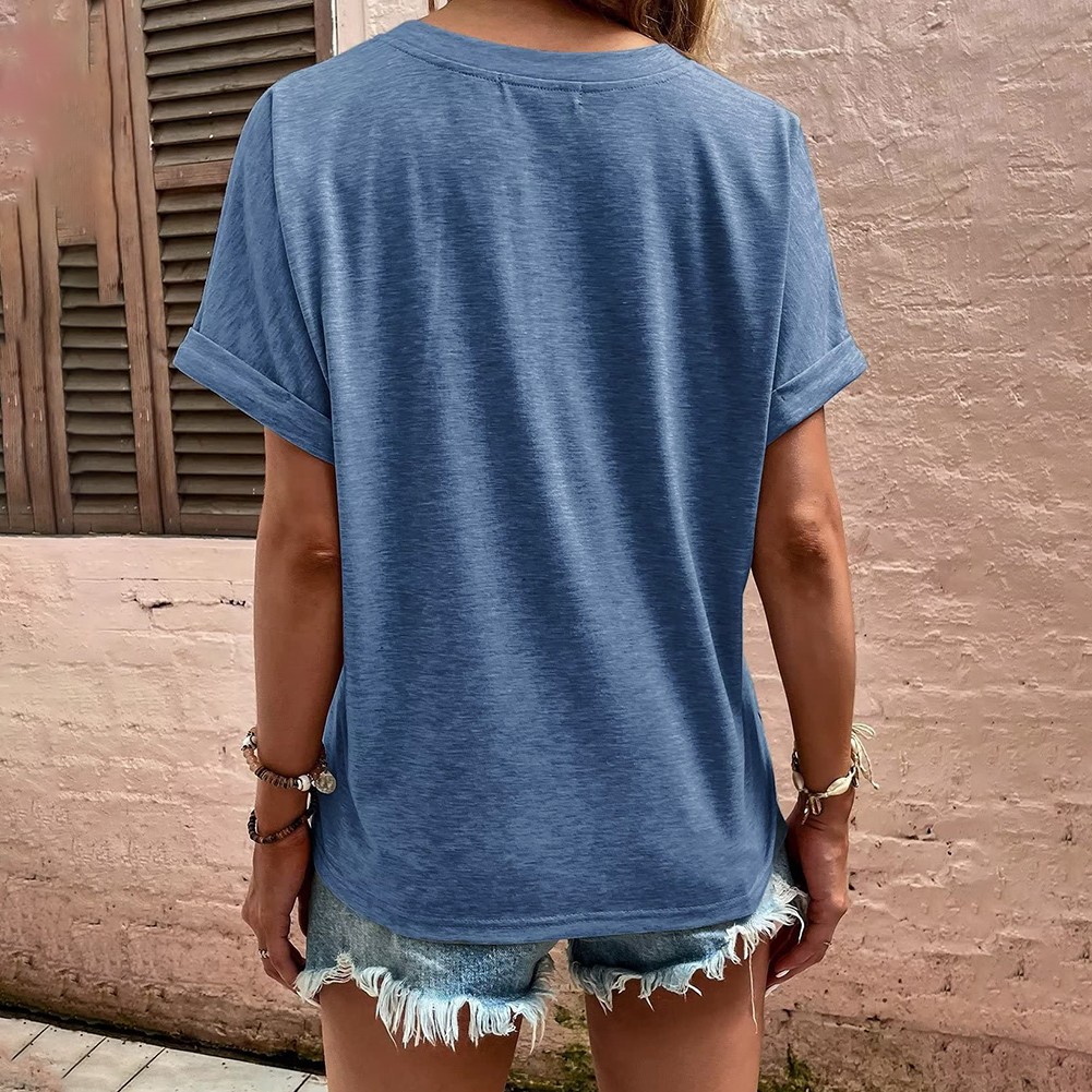 Summer Women's Loose Fit V Neck TShirt with Button Detail and Short Sleeves - Picture 48 of 91