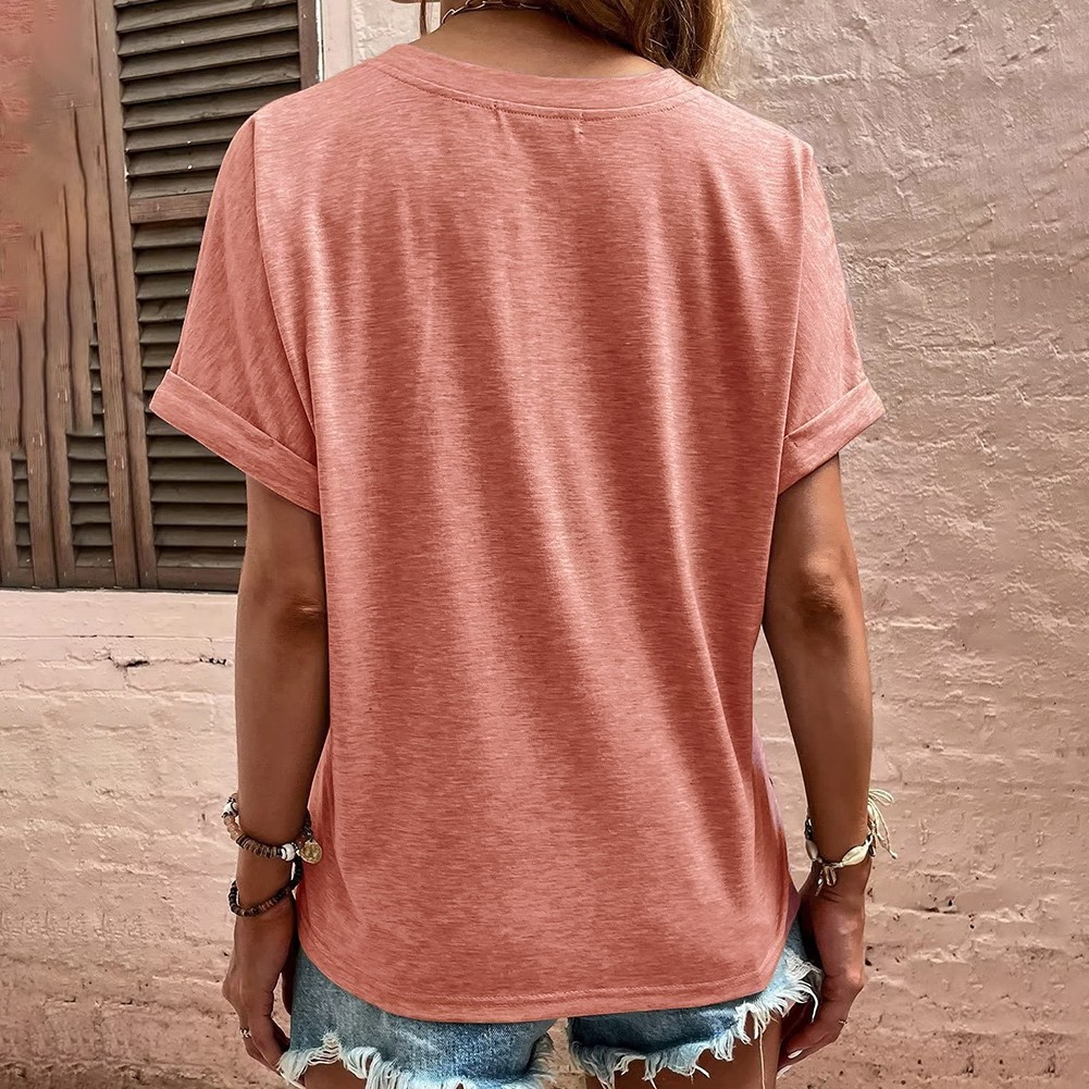 Summer Women's Loose Fit V Neck TShirt with Button Detail and Short Sleeves - Picture 39 of 91