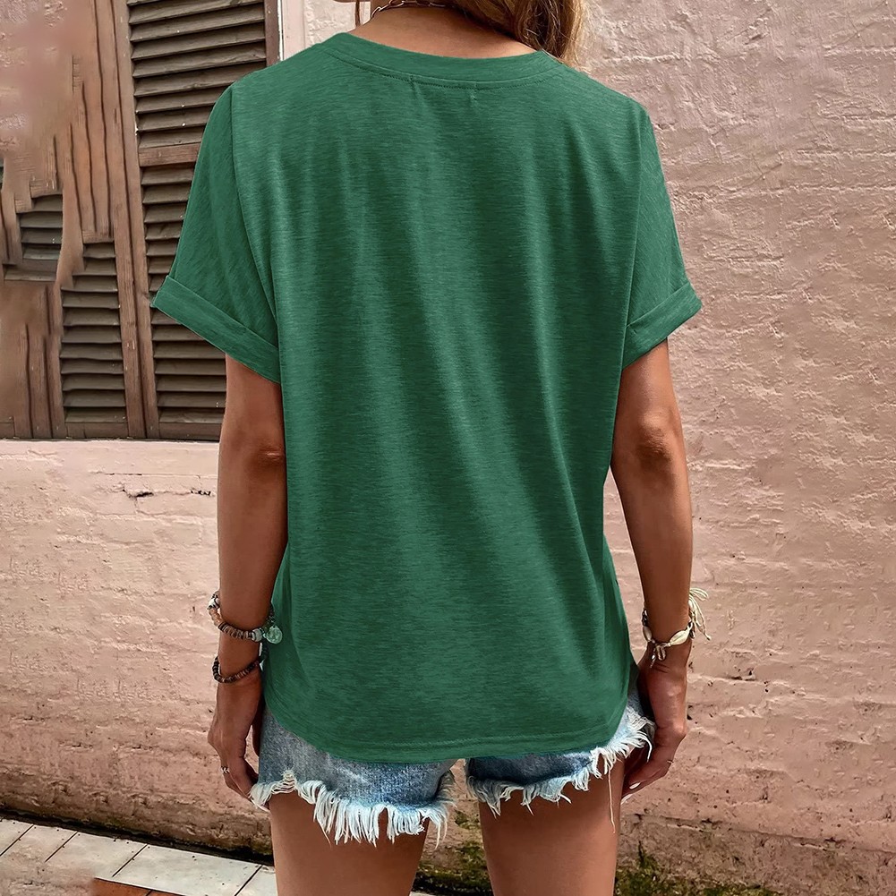 Summer Women's Loose Fit V Neck TShirt with Button Detail and Short Sleeves - Picture 58 of 91