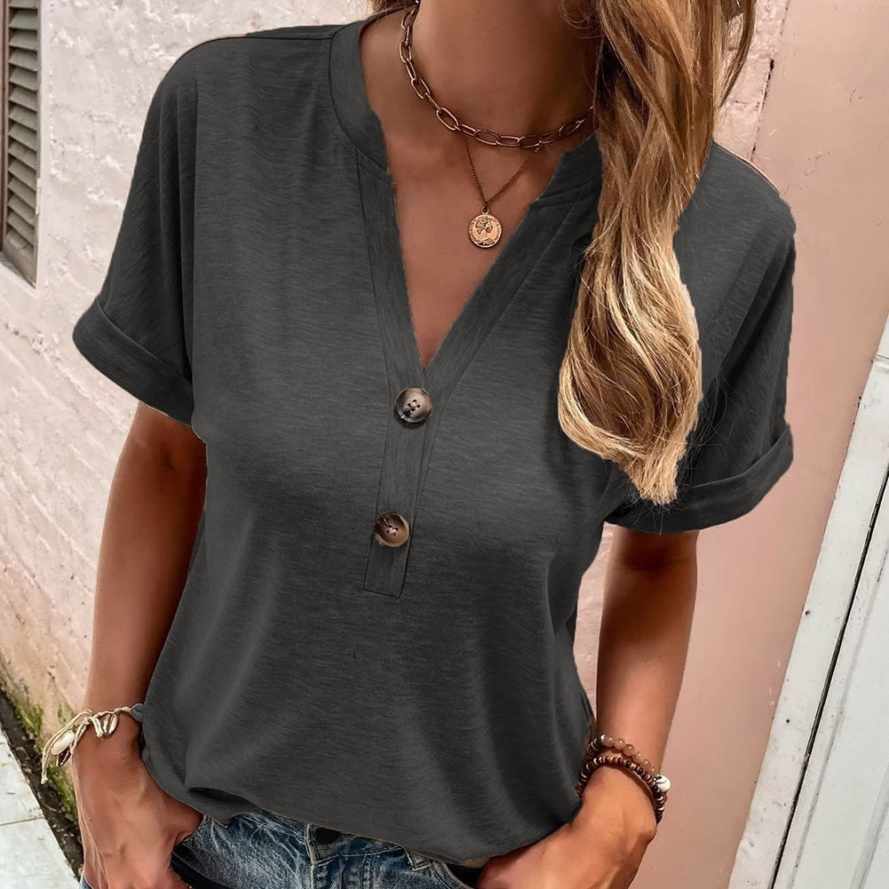 Summer Women's Loose Fit V Neck TShirt with Button Detail and Short Sleeves - Picture 80 of 91