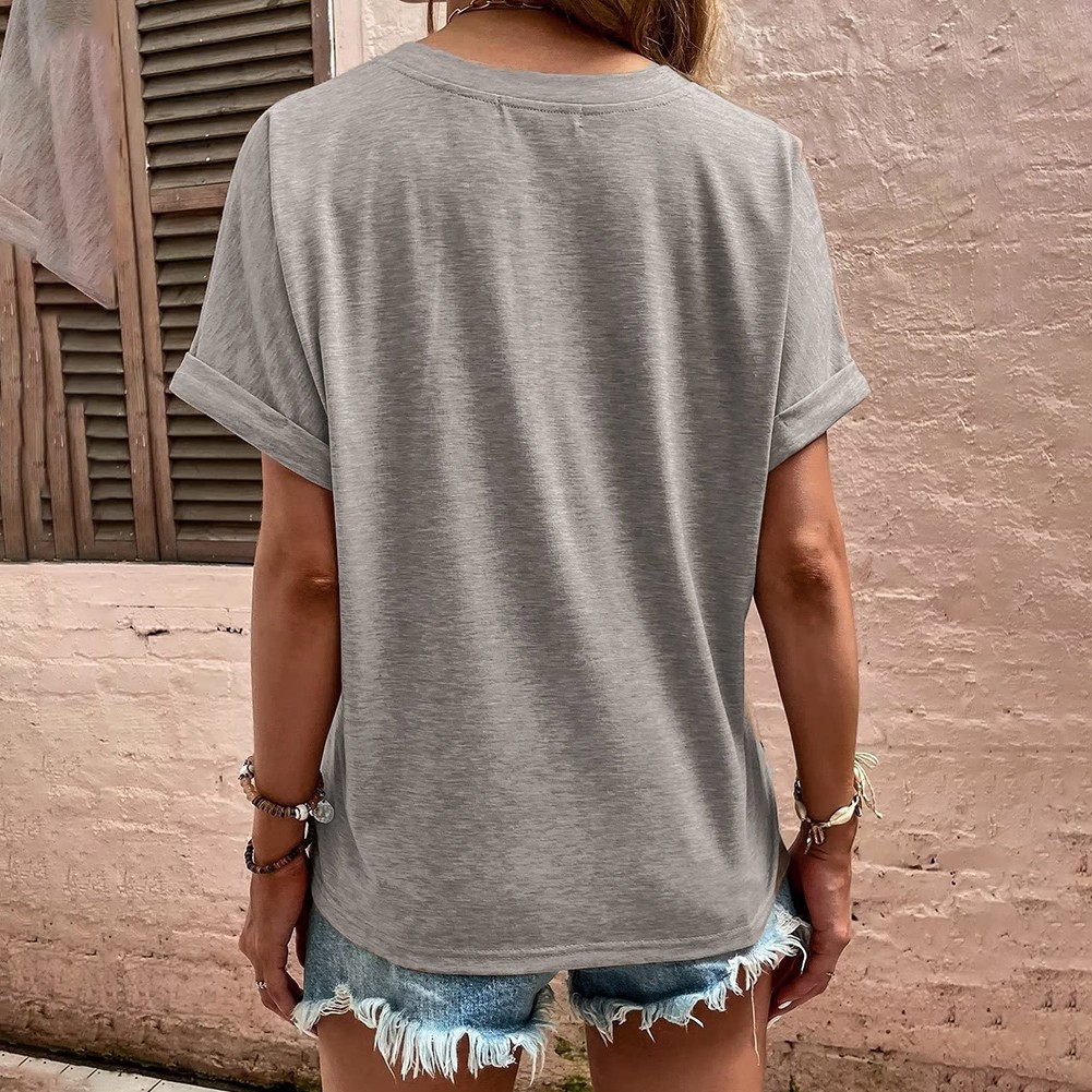 Summer Women's Loose Fit V Neck TShirt with Button Detail and Short Sleeves - Picture 68 of 91