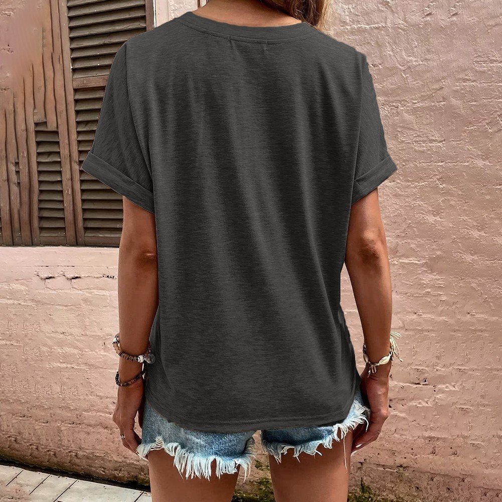 Summer Women's Loose Fit V Neck TShirt with Button Detail and Short Sleeves - Picture 78 of 91