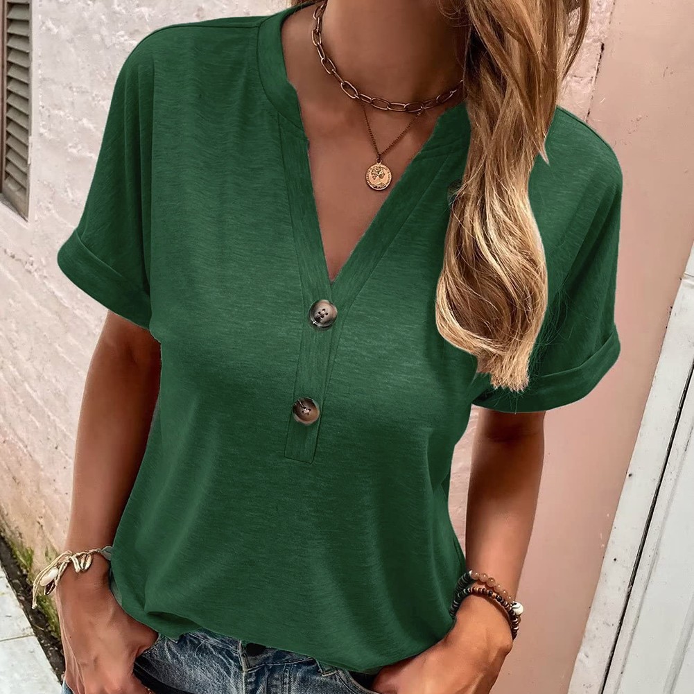 Summer Women's Loose Fit V Neck TShirt with Button Detail and Short Sleeves - Picture 60 of 91