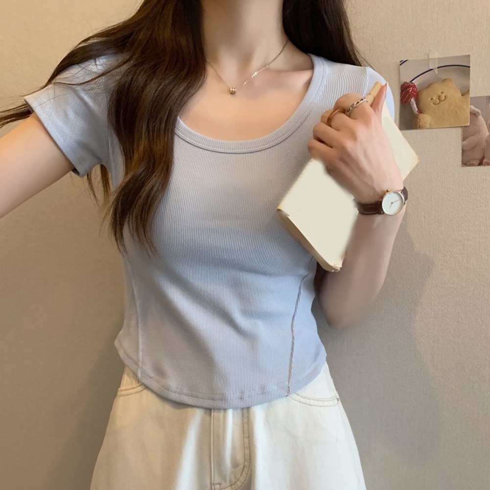 U Neck Slim T Shirt for Women Perfect Short Sleeve Top for Summer Days - Picture 14 of 48
