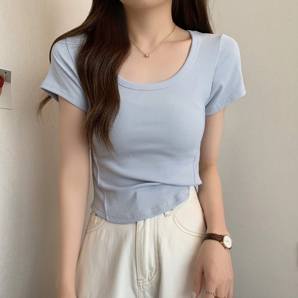 U Neck Slim T Shirt for Women Perfect Short Sleeve Top for Summer Days - Picture 17 of 48