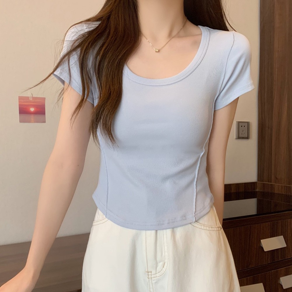 U Neck Slim T Shirt for Women Perfect Short Sleeve Top for Summer Days - Picture 21 of 48