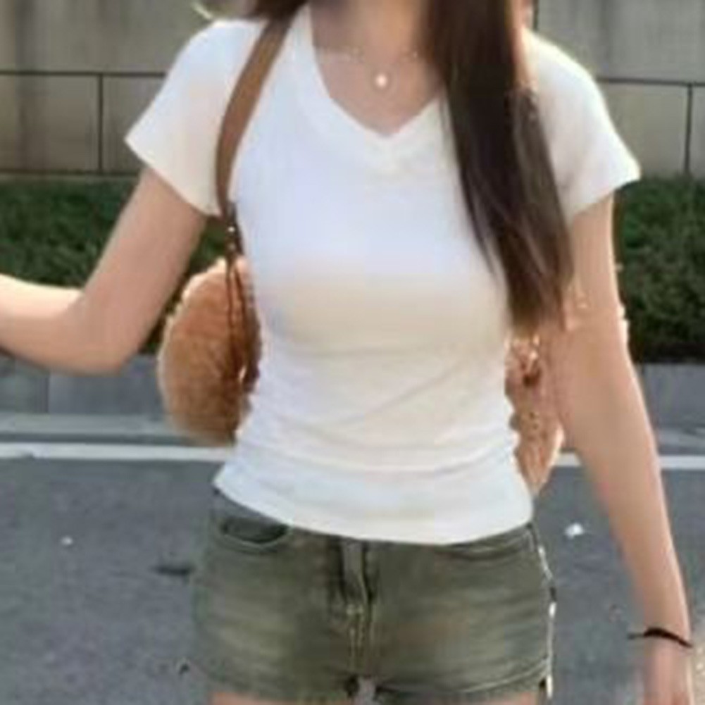 Stylish Women Summer Short Sleeve T Shirt with V Neck for Everyday Fashion - Picture 15 of 27