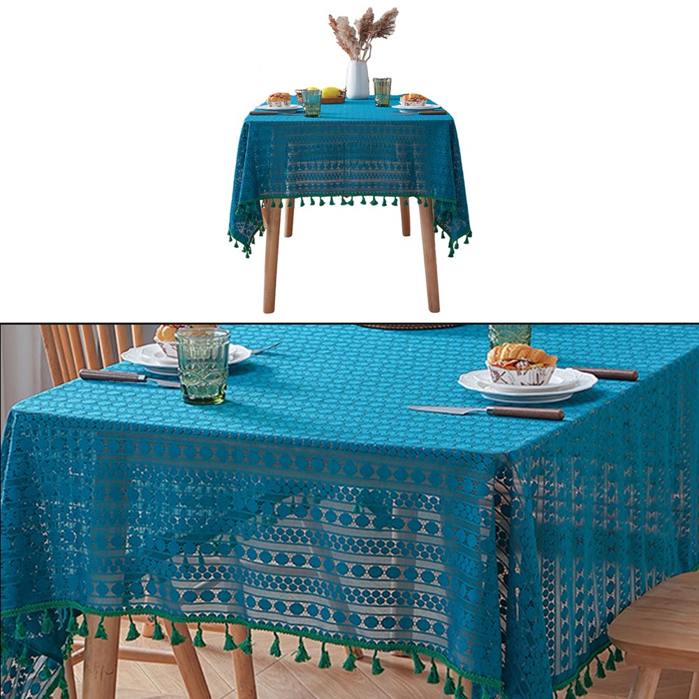 Oil Resistant Tablecloth for Dining Tables Navy Blue with Elegant Tassels - Picture 8 of 26
