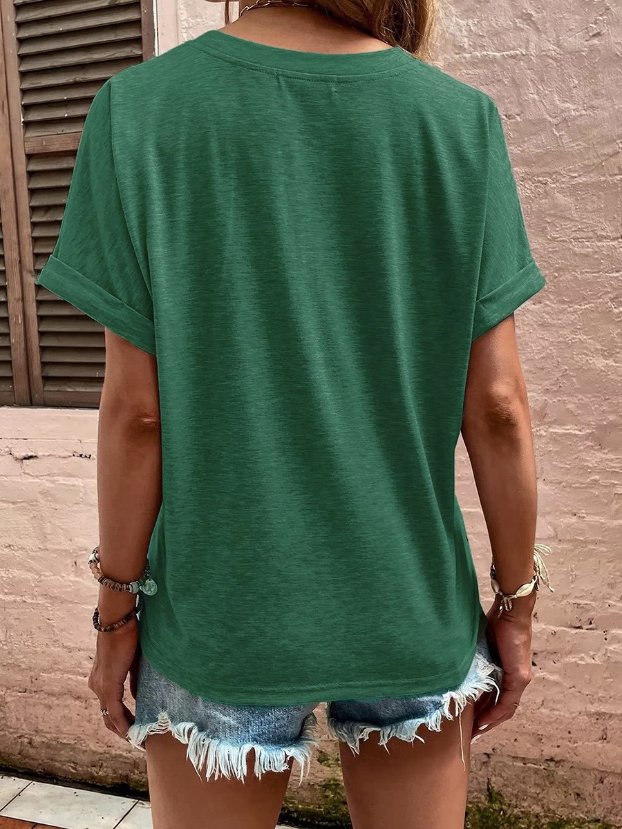 Summer Women's Loose Fit V Neck TShirt with Button Detail and Short Sleeves - Picture 54 of 91