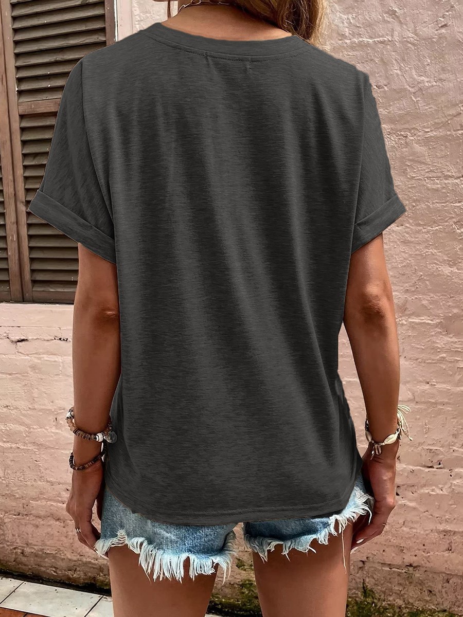 Summer Women's Loose Fit V Neck TShirt with Button Detail and Short Sleeves - Picture 74 of 91