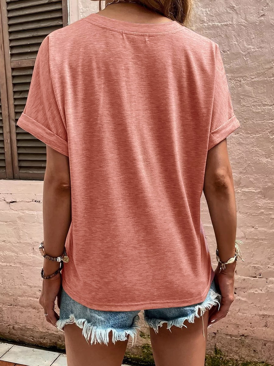 Summer Women's Loose Fit V Neck TShirt with Button Detail and Short Sleeves - Picture 35 of 91