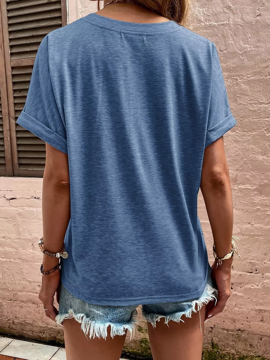 Summer Women's Loose Fit V Neck TShirt with Button Detail and Short Sleeves - Picture 44 of 91