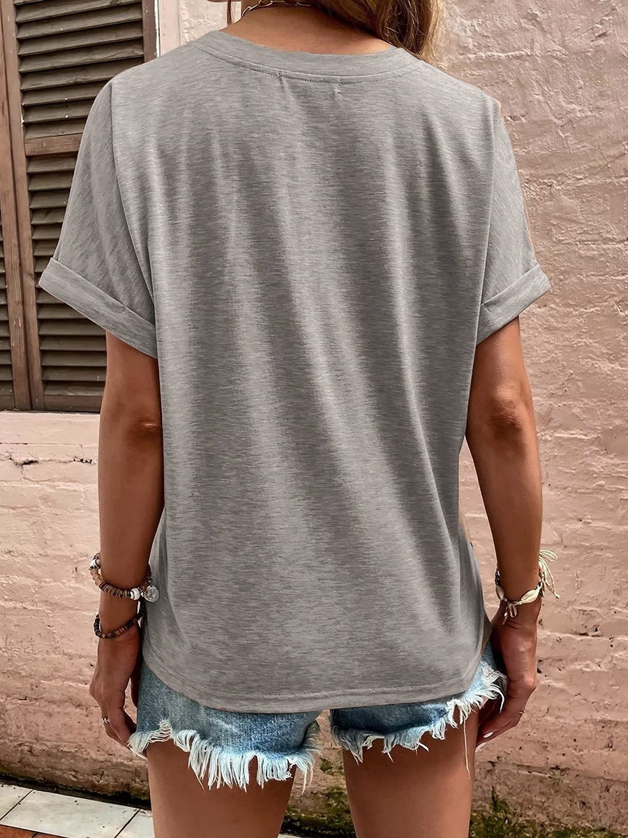 Summer Women's Loose Fit V Neck TShirt with Button Detail and Short Sleeves - Picture 64 of 91