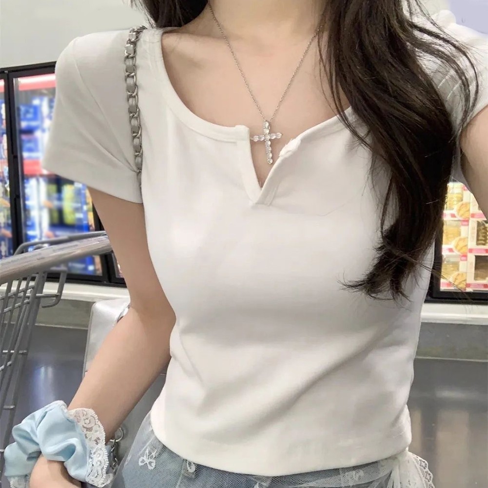 Modisches einfarbiges Damen Crop Top mit halboffenem Ausschnitt für alle Gelegenheiten - Bild 5 von 12