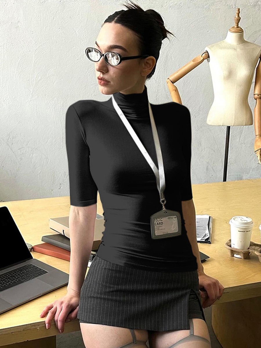 Stylish Women's Tight Fitting T Shirt with Mock Neck for Summer and Casual Days - Picture 39 of 47