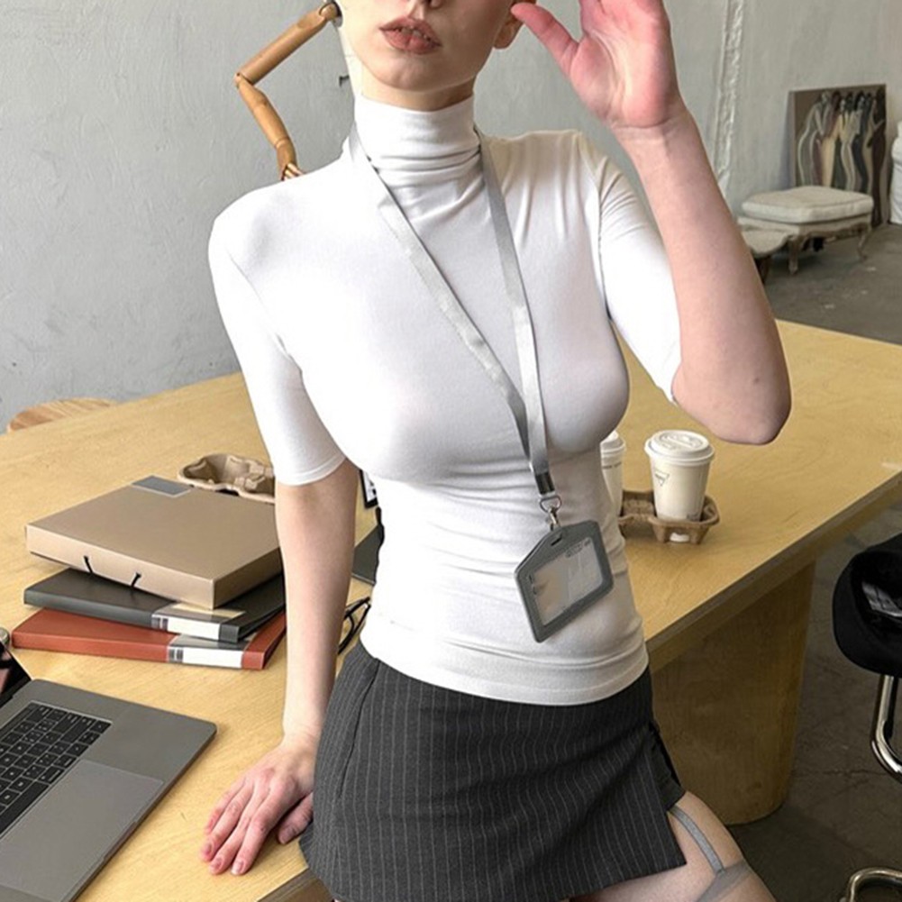 Stylish Women's Tight Fitting T Shirt with Mock Neck for Summer and Casual Days - Picture 33 of 47