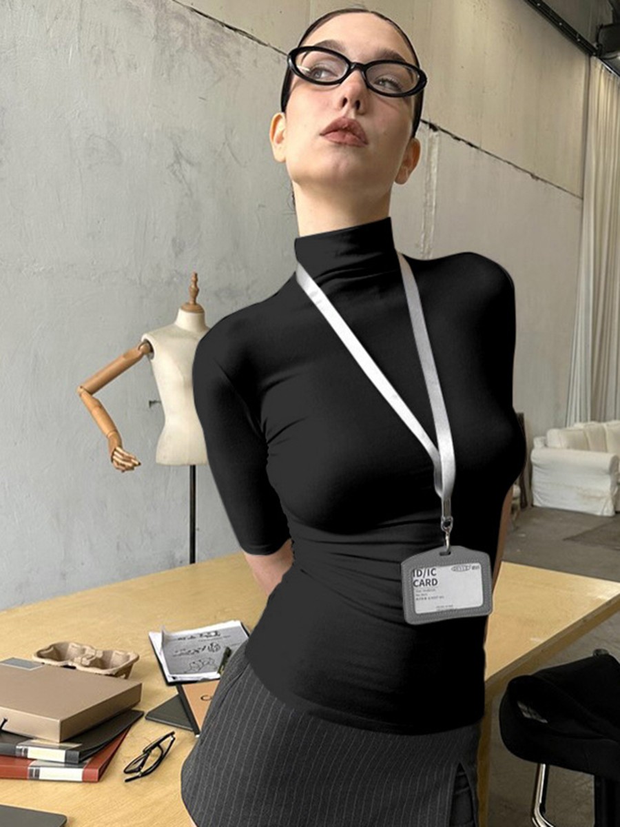 Stylish Women's Tight Fitting T Shirt with Mock Neck for Summer and Casual Days - Picture 39 of 48