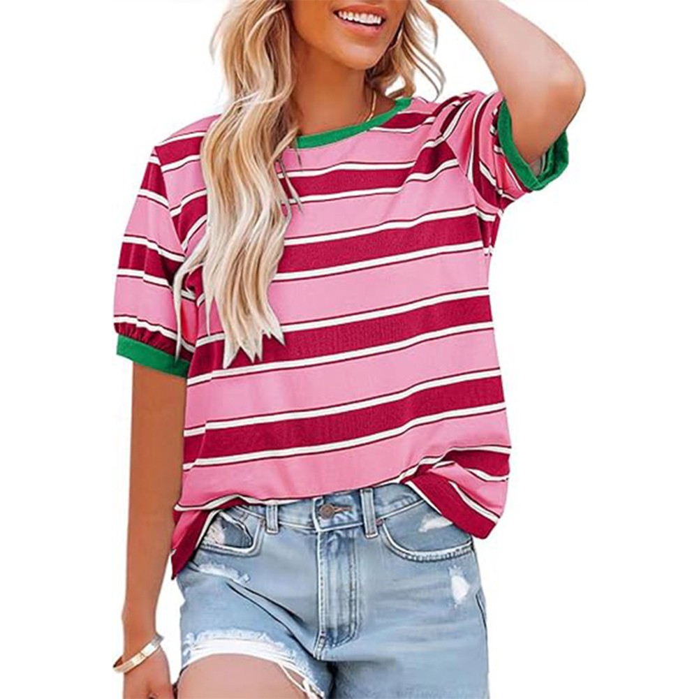 Loose Fit Women's Round Neck Tee with Stripes for Vacation and Daily Wear - Picture 13 of 22