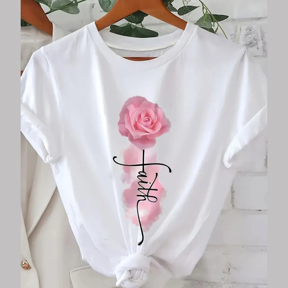 Stylish Women's T Shirt with Rose Print for Daily Wear and Casual Gatherings - Picture 12 of 21
