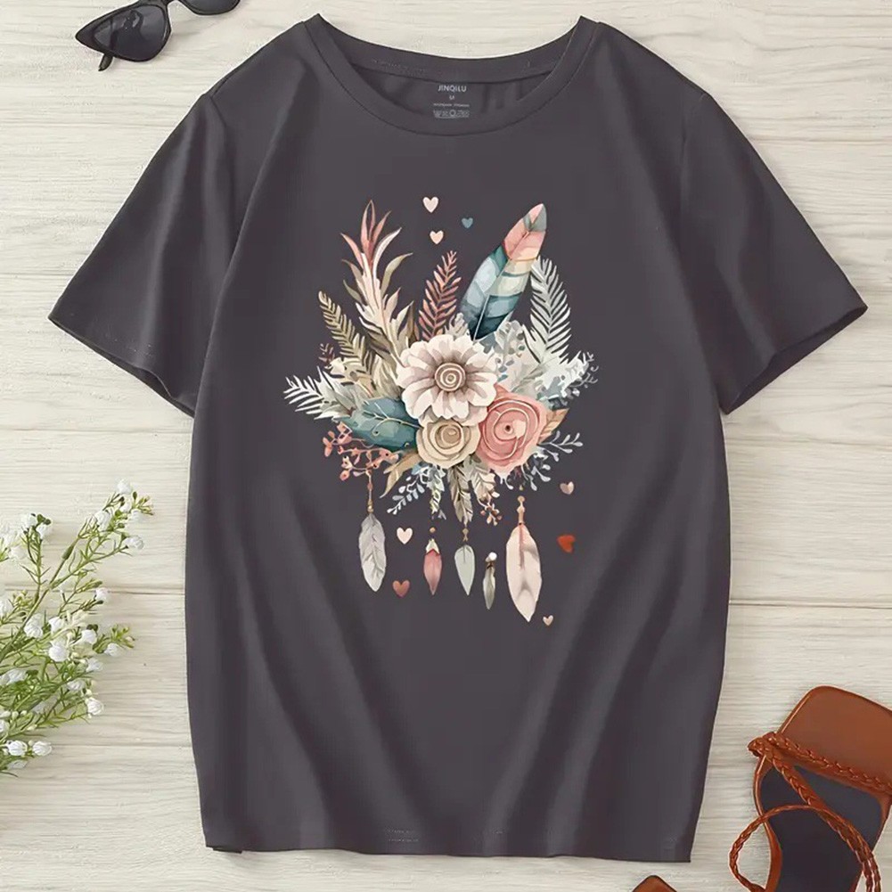 Floral Print Round Neck T Shirt for Women Perfect for Casual Occasions - Picture 40 of 41