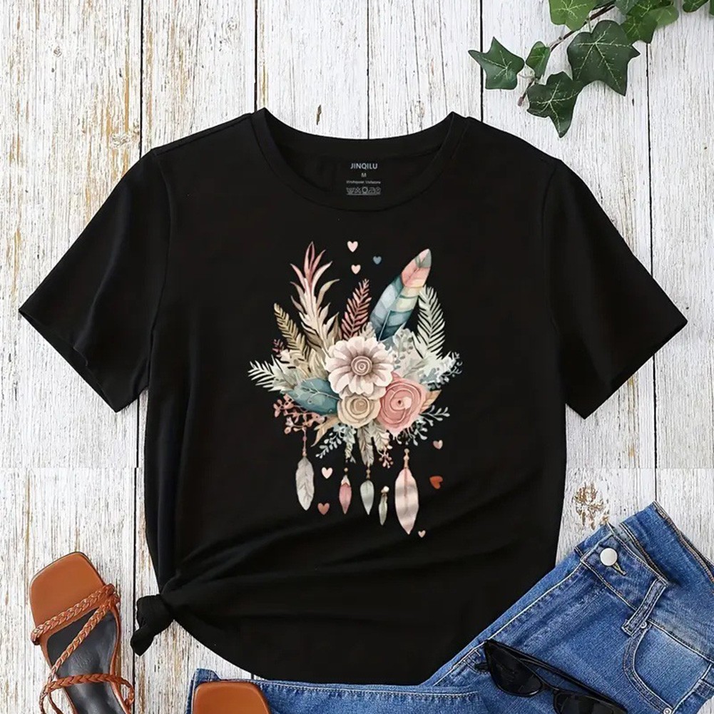 Floral Print Round Neck T Shirt for Women Perfect for Casual Occasions - Picture 38 of 41