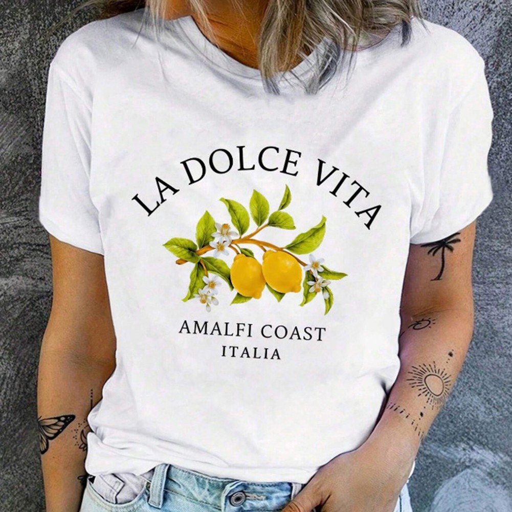 Casual Women's T Shirt with Floral Fruit Print Round Neck Short Sleeves - Picture 13 of 36