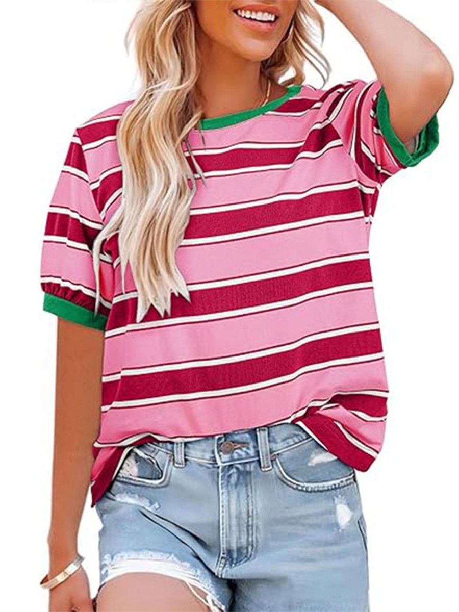 Loose Fit Women's Round Neck Tee with Stripes for Vacation and Daily Wear - Picture 14 of 22