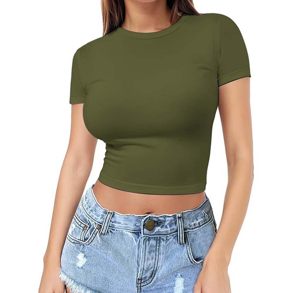 Flattering Womens Solid Color Crop Top Short Sleeve for Summer Outfits - Picture 8 of 16