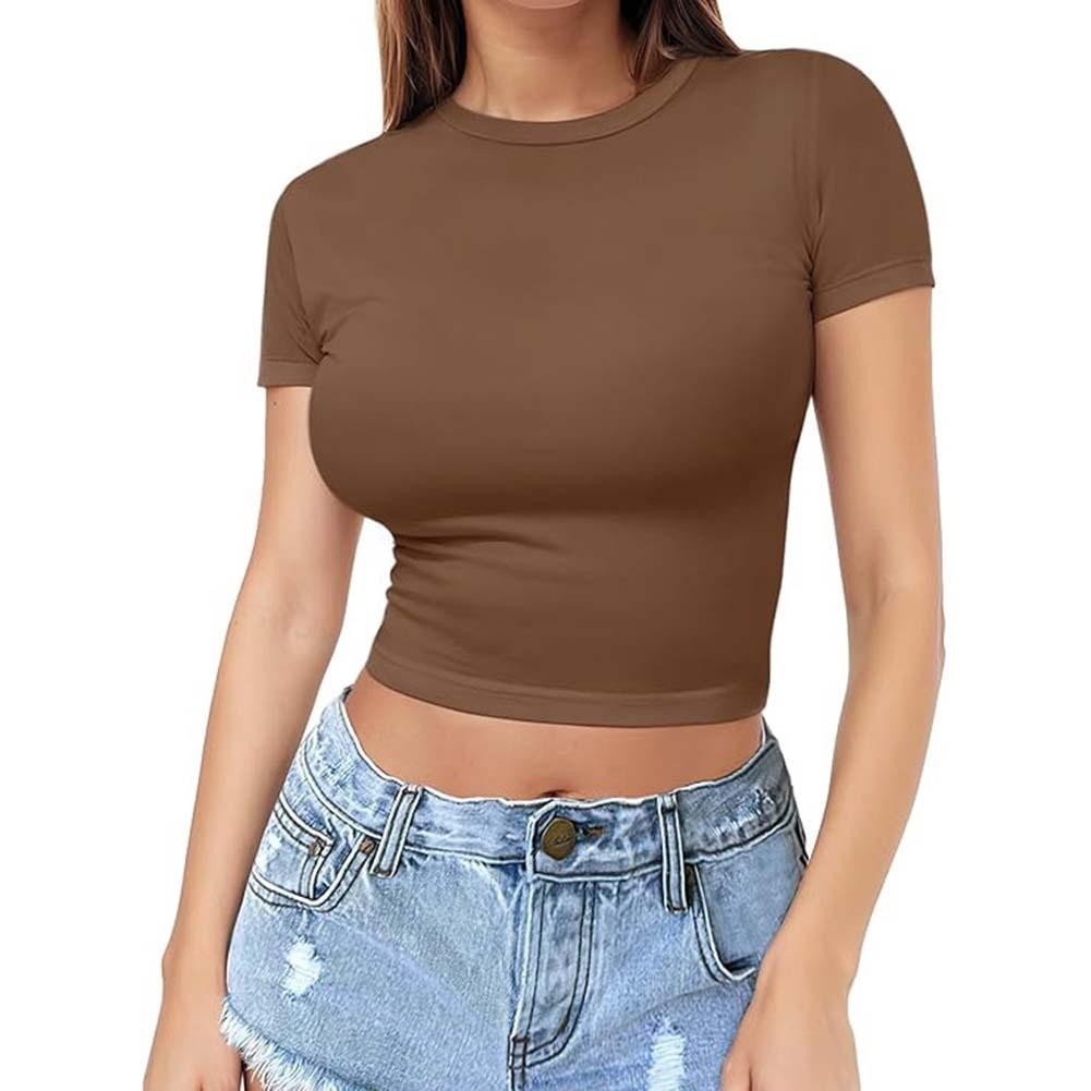 Flattering Womens Solid Color Crop Top Short Sleeve for Summer Outfits - Picture 11 of 16