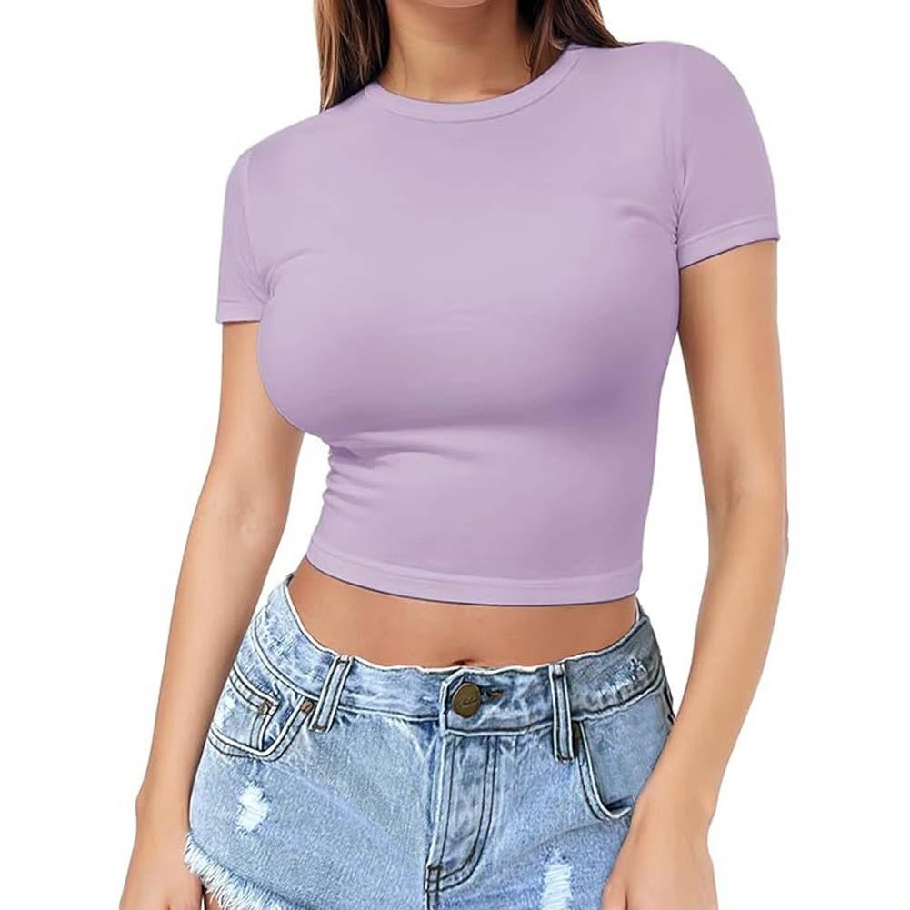 Flattering Womens Solid Color Crop Top Short Sleeve for Summer Outfits - Picture 9 of 16