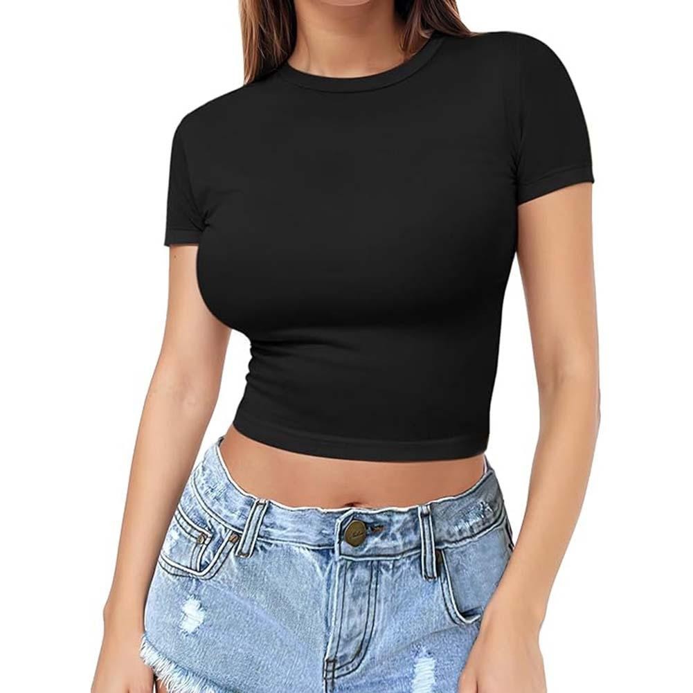 Flattering Womens Solid Color Crop Top Short Sleeve for Summer Outfits - Picture 6 of 16